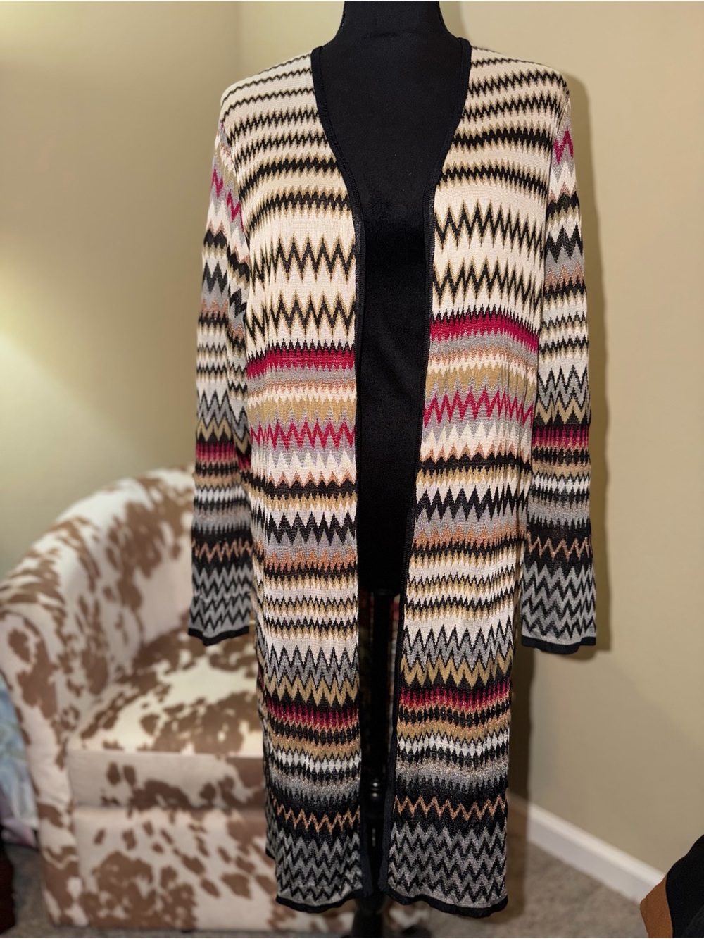 Chico's Long Open-Front Zigzag Cardigan in Cream, Black & Pink